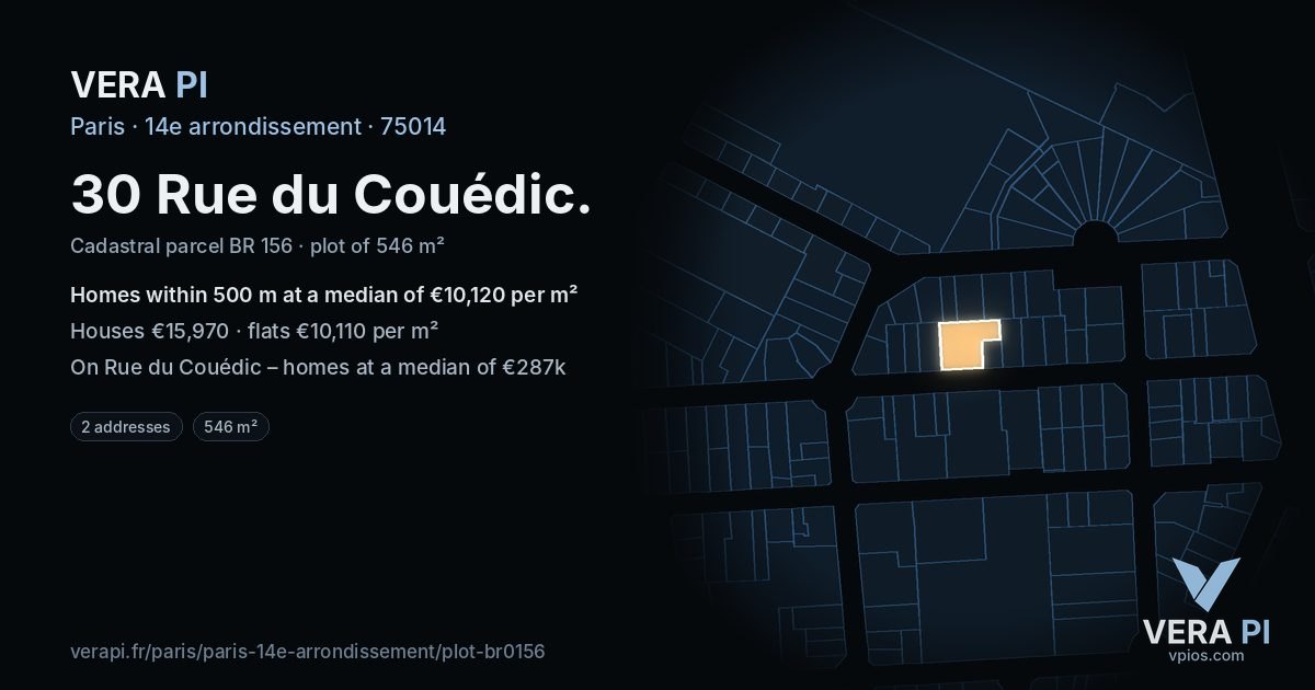 30 Rue du Couédic, 14e arrondissement at night – the plot lit, the parcels around coloured by the prices near them