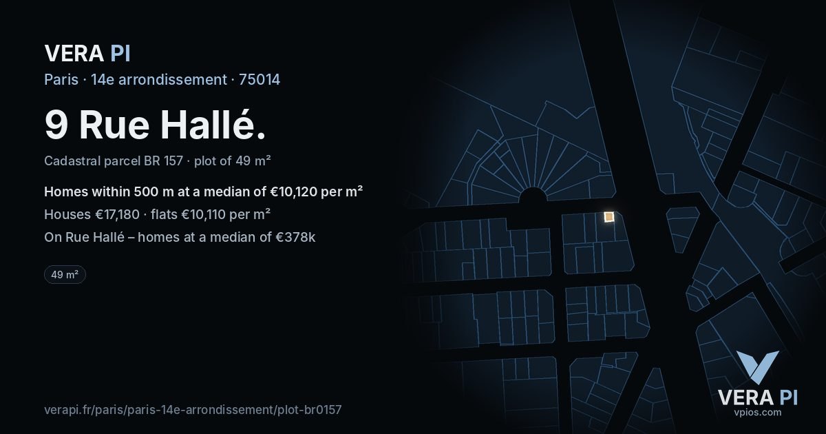 9 Rue Hallé, 14e arrondissement at night – the plot lit, the parcels around coloured by the prices near them