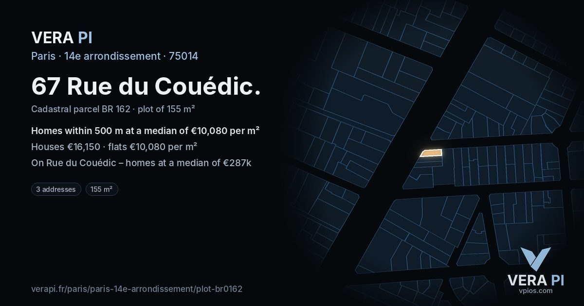 67 Rue du Couédic, 14e arrondissement at night – the plot lit, the parcels around coloured by the prices near them