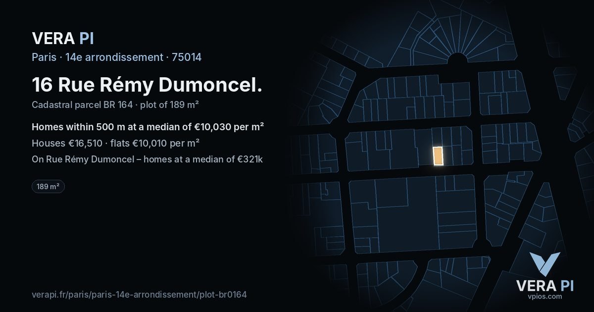 16 Rue Rémy Dumoncel, 14e arrondissement at night – the plot lit, the parcels around coloured by the prices near them