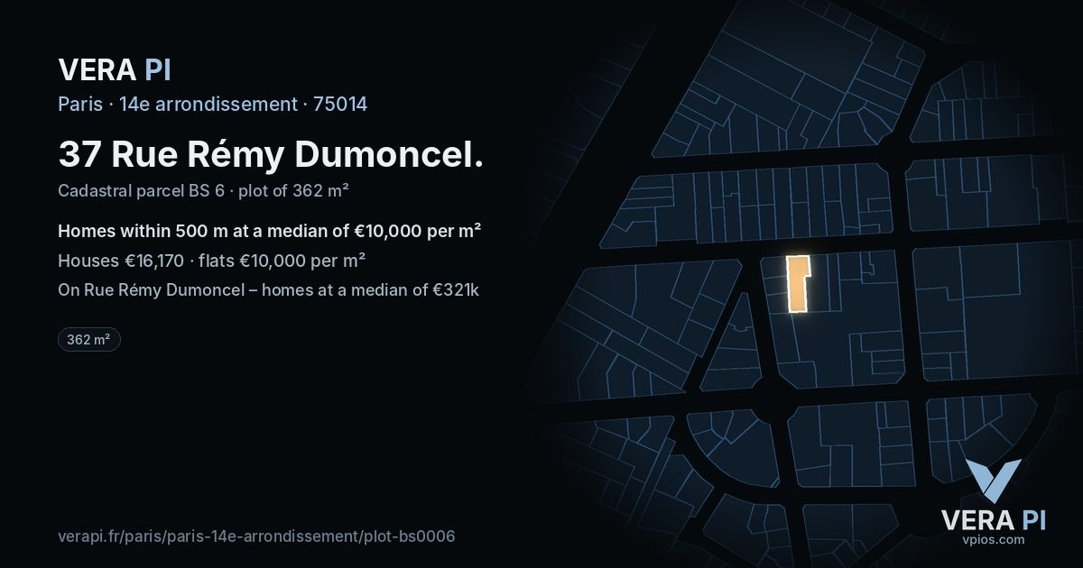 37 Rue Rémy Dumoncel, 14e arrondissement at night – the plot lit, the parcels around coloured by the prices near them
