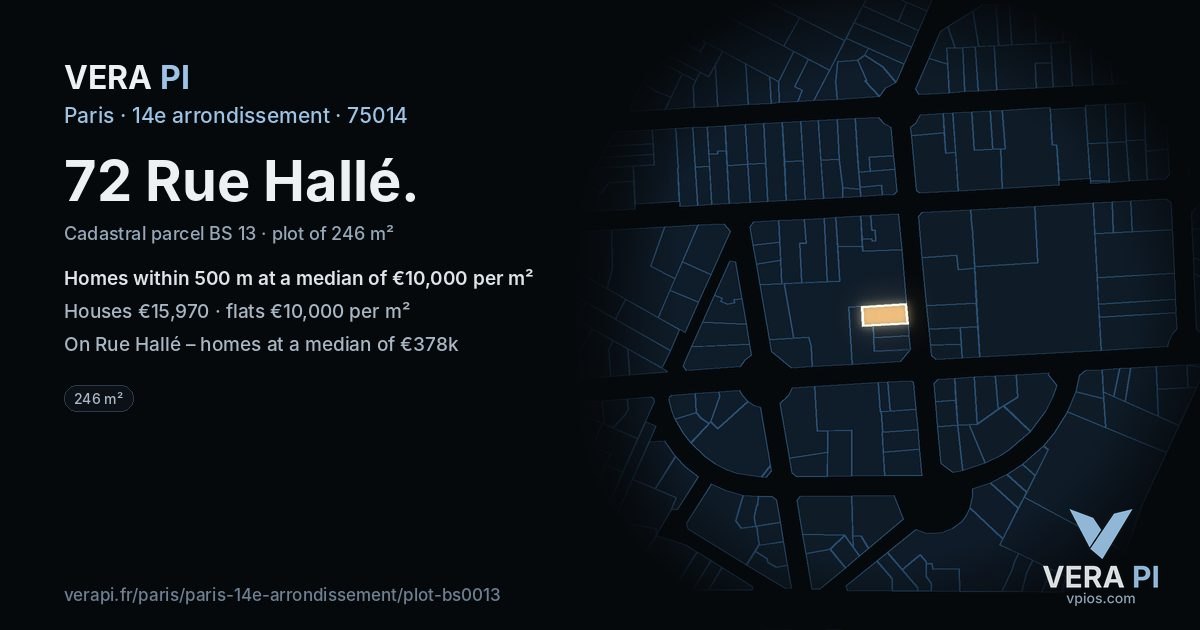 72 Rue Hallé, 14e arrondissement at night – the plot lit, the parcels around coloured by the prices near them