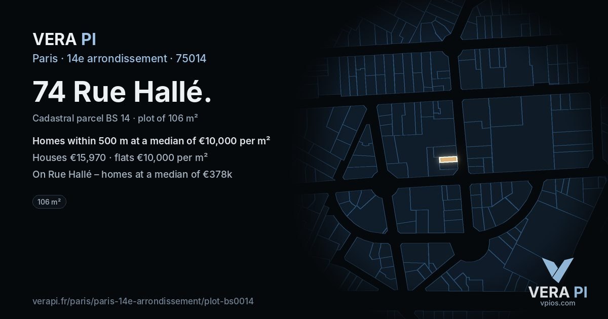 74 Rue Hallé, 14e arrondissement at night – the plot lit, the parcels around coloured by the prices near them