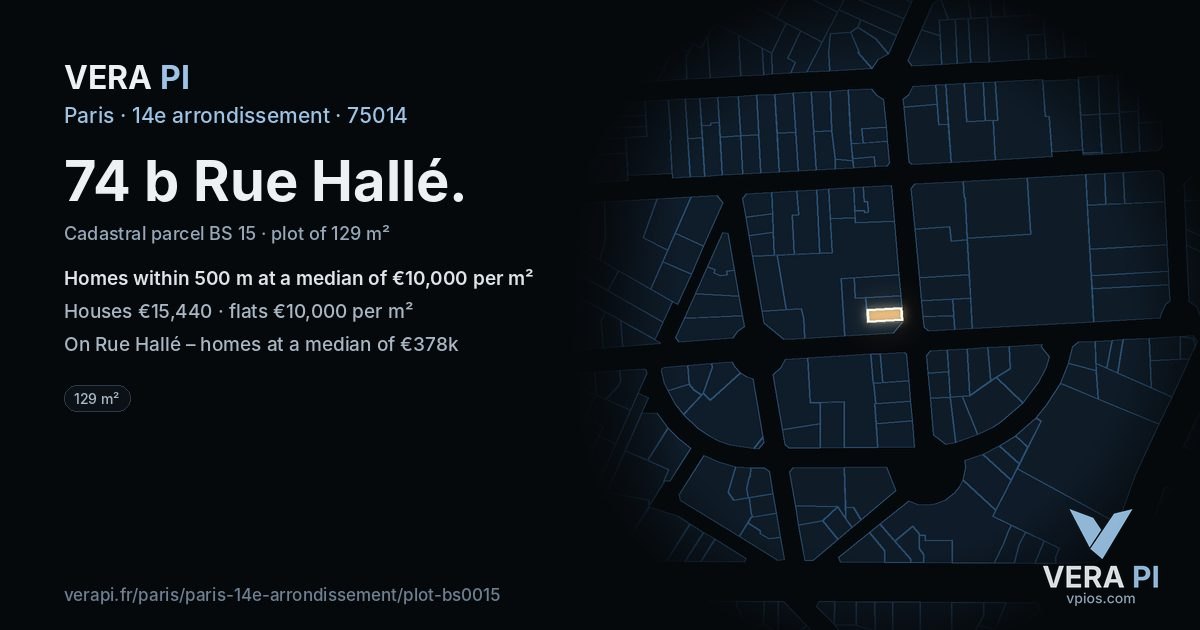 74 b Rue Hallé, 14e arrondissement at night – the plot lit, the parcels around coloured by the prices near them