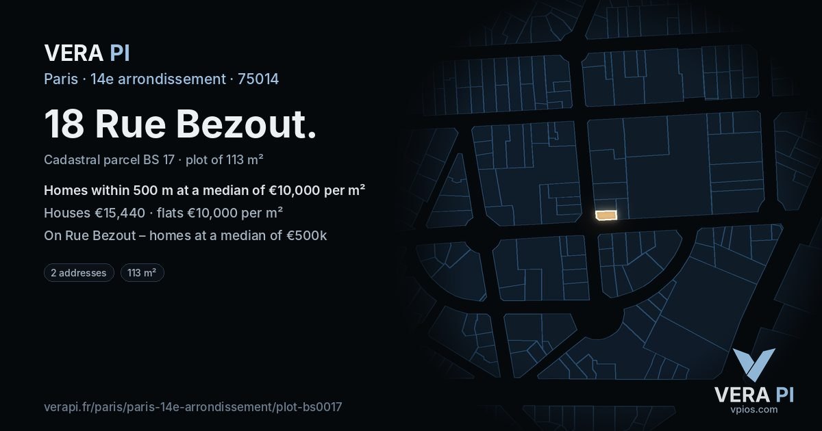 18 Rue Bezout, 14e arrondissement at night – the plot lit, the parcels around coloured by the prices near them