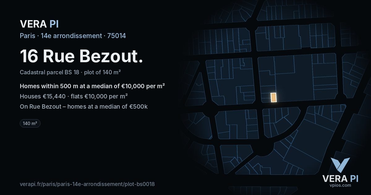 16 Rue Bezout, 14e arrondissement at night – the plot lit, the parcels around coloured by the prices near them