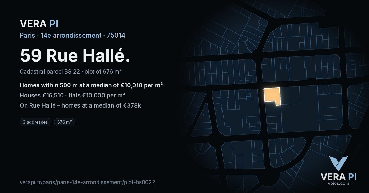 59 Rue Hallé, 14e arrondissement at night – the plot lit, the parcels around coloured by the prices near them