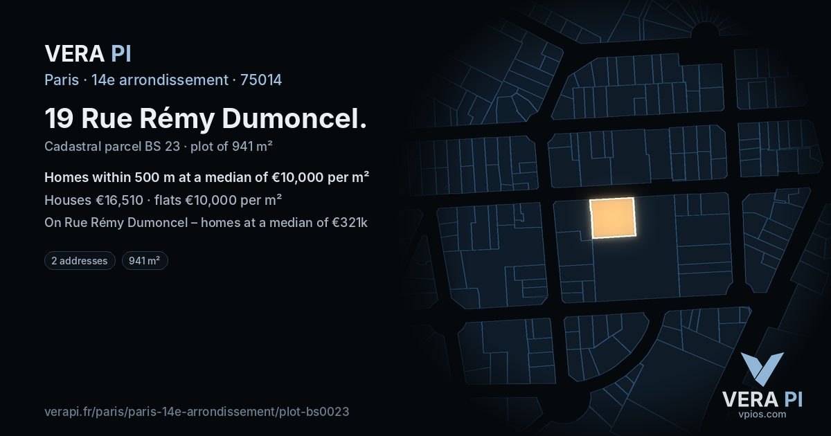 19 Rue Rémy Dumoncel, 14e arrondissement at night – the plot lit, the parcels around coloured by the prices near them