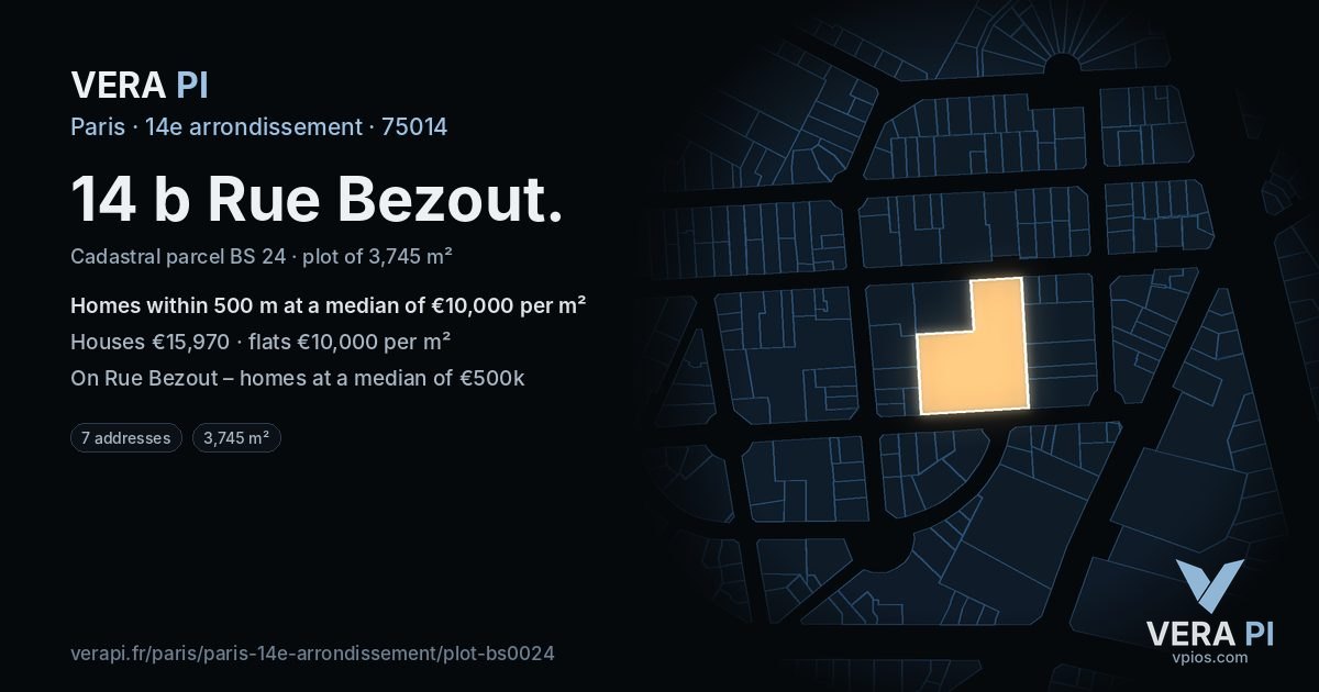 14 b Rue Bezout, 14e arrondissement at night – the plot lit, the parcels around coloured by the prices near them