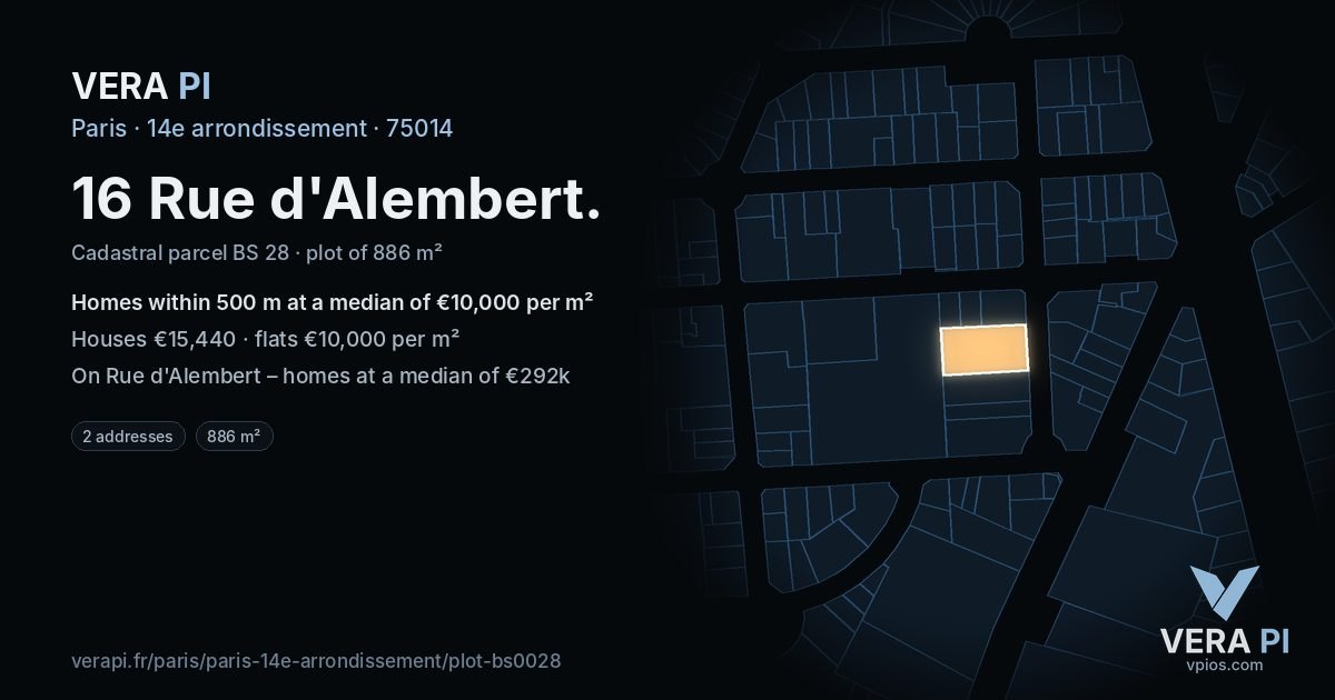 16 Rue d'Alembert, 14e arrondissement at night – the plot lit, the parcels around coloured by the prices near them