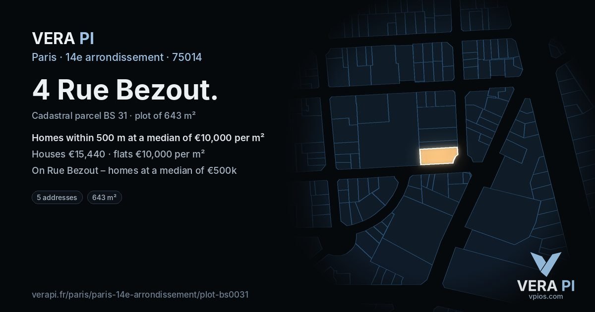 4 Rue Bezout, 14e arrondissement at night – the plot lit, the parcels around coloured by the prices near them