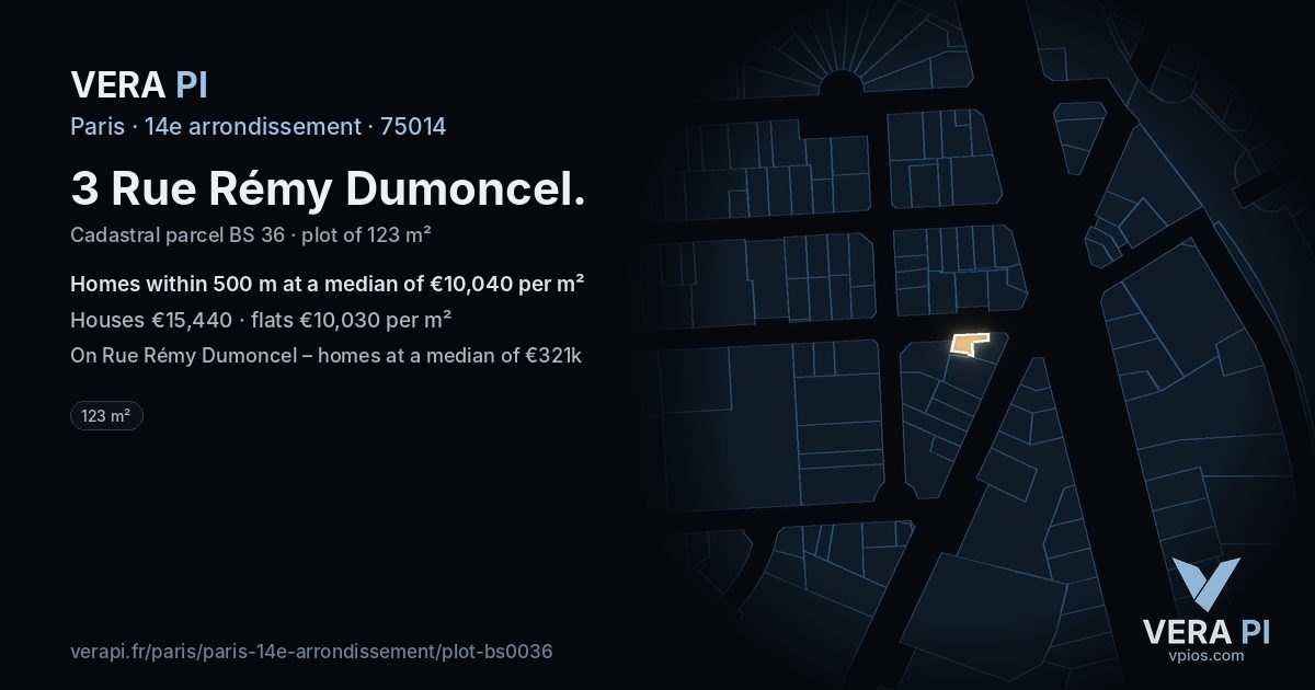3 Rue Rémy Dumoncel, 14e arrondissement at night – the plot lit, the parcels around coloured by the prices near them