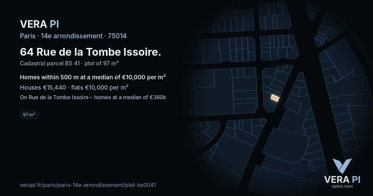 64 Rue de la Tombe Issoire, 14e arrondissement at night – the plot lit, the parcels around coloured by the prices near them