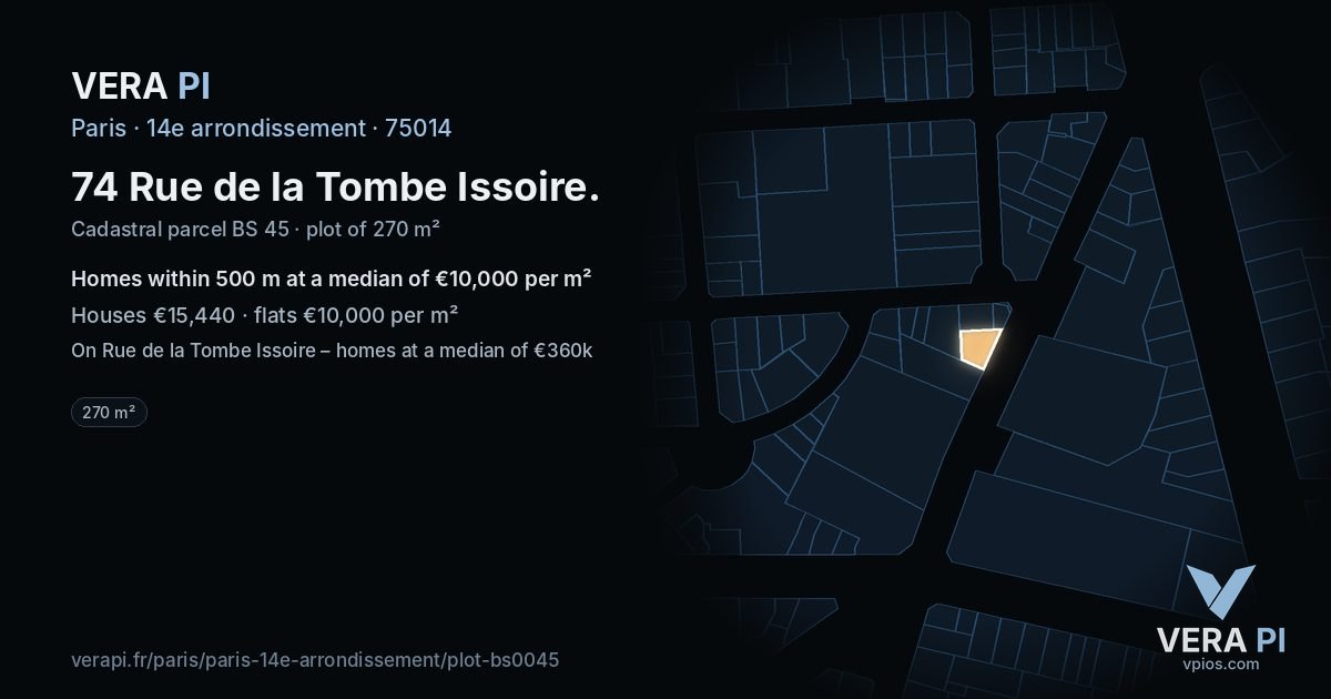 74 Rue de la Tombe Issoire, 14e arrondissement at night – the plot lit, the parcels around coloured by the prices near them
