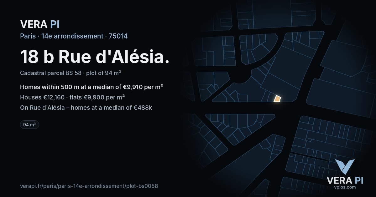 18 b Rue d'Alésia, 14e arrondissement at night – the plot lit, the parcels around coloured by the prices near them