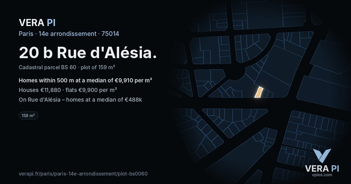 20 b Rue d'Alésia, 14e arrondissement at night – the plot lit, the parcels around coloured by the prices near them