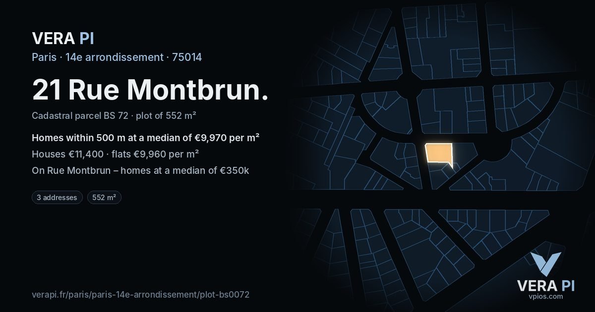 21 Rue Montbrun, 14e arrondissement at night – the plot lit, the parcels around coloured by the prices near them