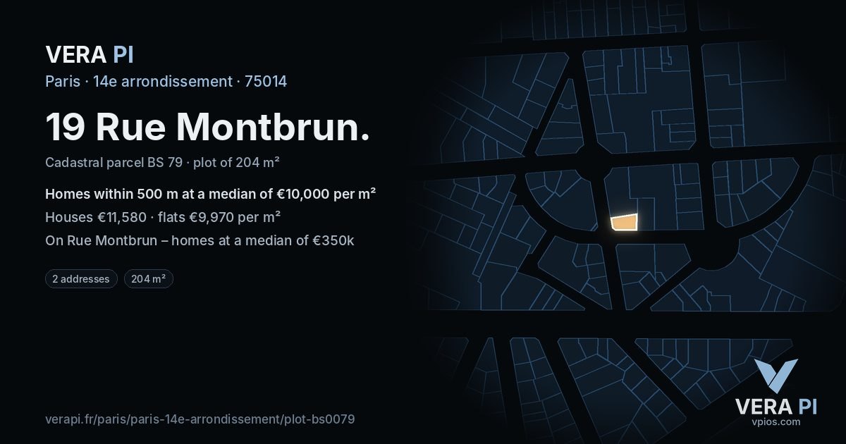 19 Rue Montbrun, 14e arrondissement at night – the plot lit, the parcels around coloured by the prices near them