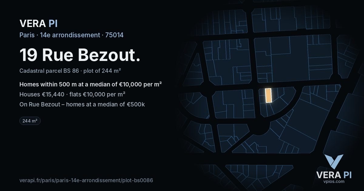19 Rue Bezout, 14e arrondissement at night – the plot lit, the parcels around coloured by the prices near them