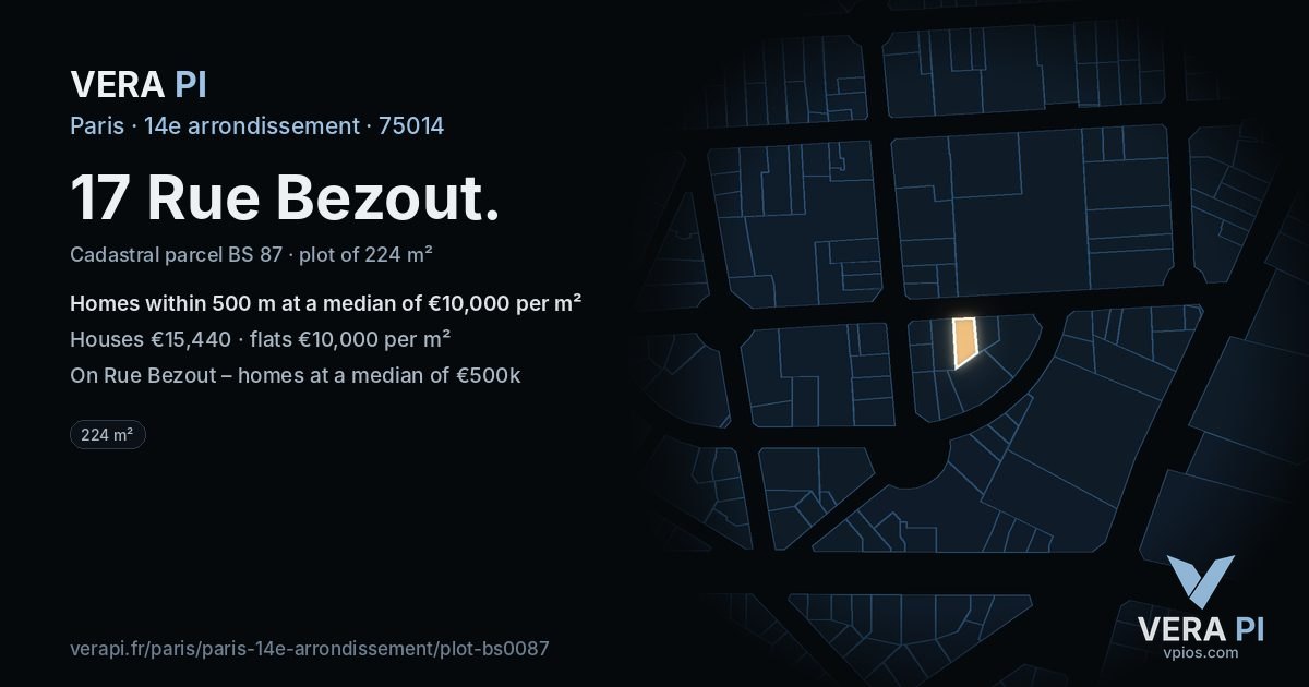 17 Rue Bezout, 14e arrondissement at night – the plot lit, the parcels around coloured by the prices near them
