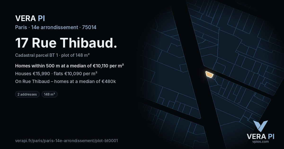 17 Rue Thibaud, 14e arrondissement at night – the plot lit, the parcels around coloured by the prices near them
