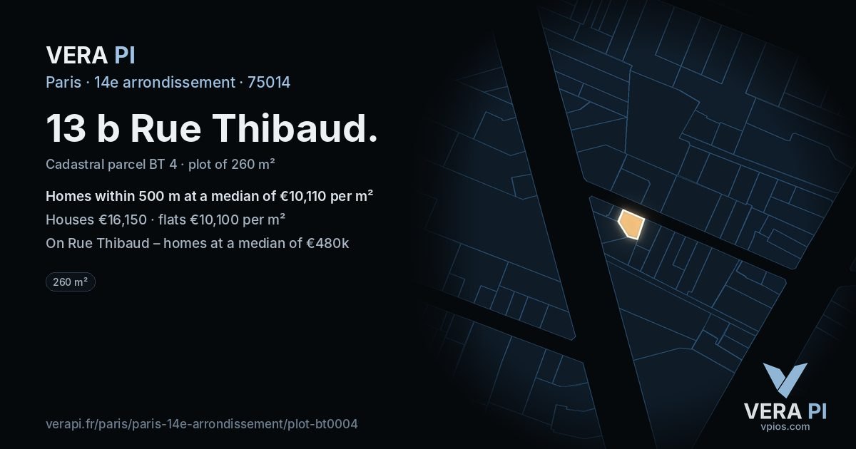 13 b Rue Thibaud, 14e arrondissement at night – the plot lit, the parcels around coloured by the prices near them