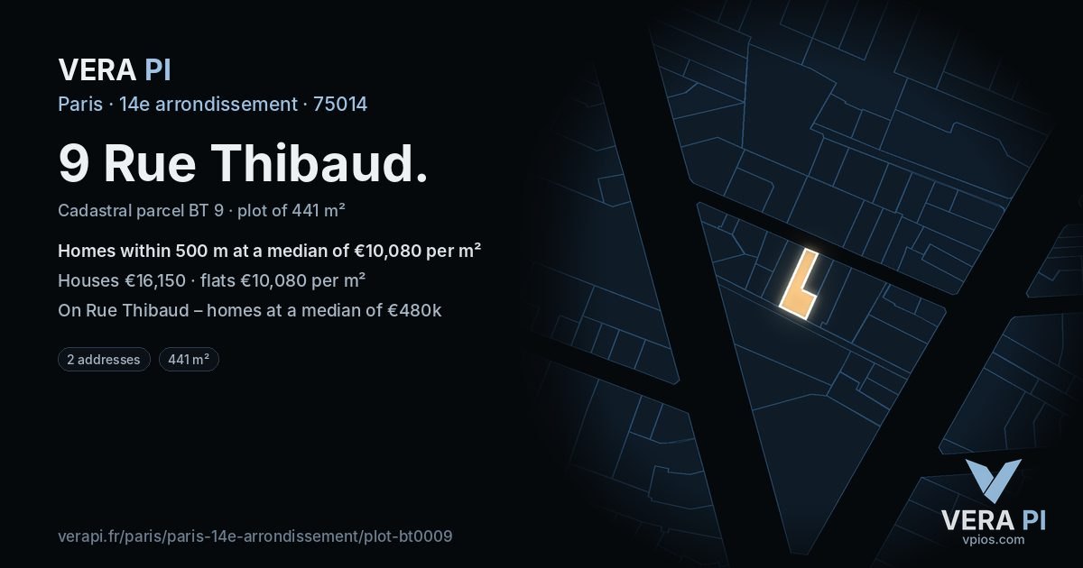 9 Rue Thibaud, 14e arrondissement at night – the plot lit, the parcels around coloured by the prices near them