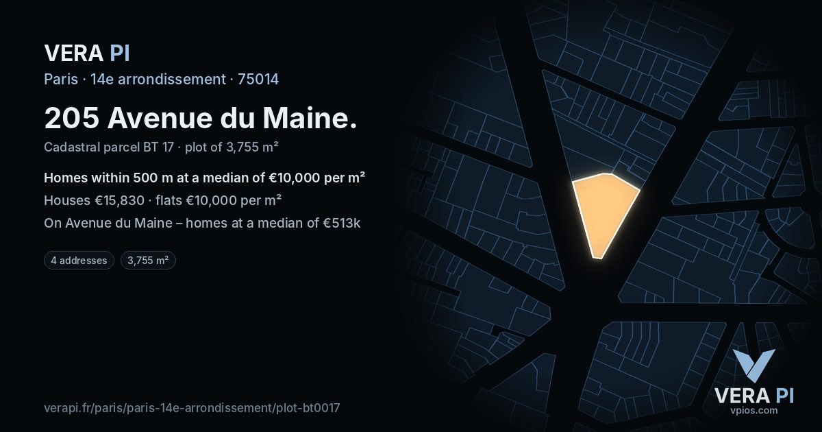 205 Avenue du Maine, 14e arrondissement at night – the plot lit, the parcels around coloured by the prices near them
