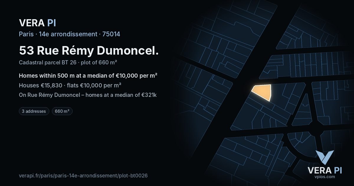 53 Rue Rémy Dumoncel, 14e arrondissement at night – the plot lit, the parcels around coloured by the prices near them