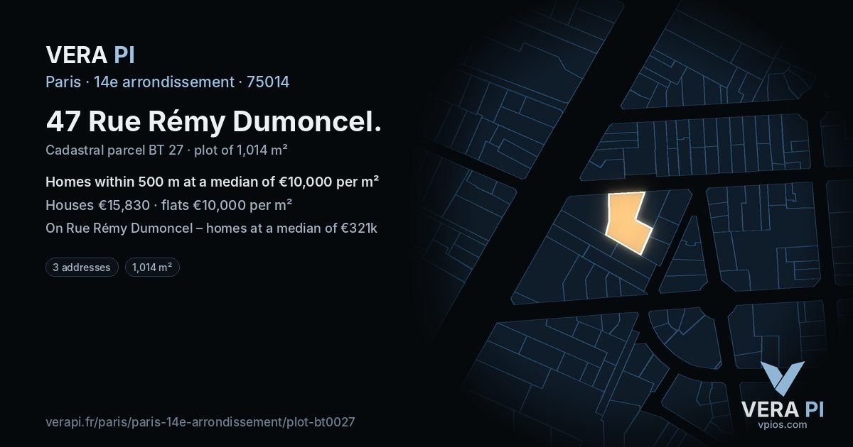 47 Rue Rémy Dumoncel, 14e arrondissement at night – the plot lit, the parcels around coloured by the prices near them