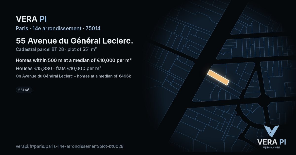 55 Avenue du Général Leclerc, 14e arrondissement at night – the plot lit, the parcels around coloured by the prices near them