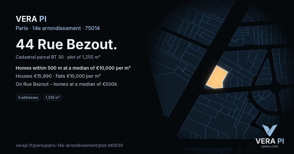 44 Rue Bezout, 14e arrondissement at night – the plot lit, the parcels around coloured by the prices near them