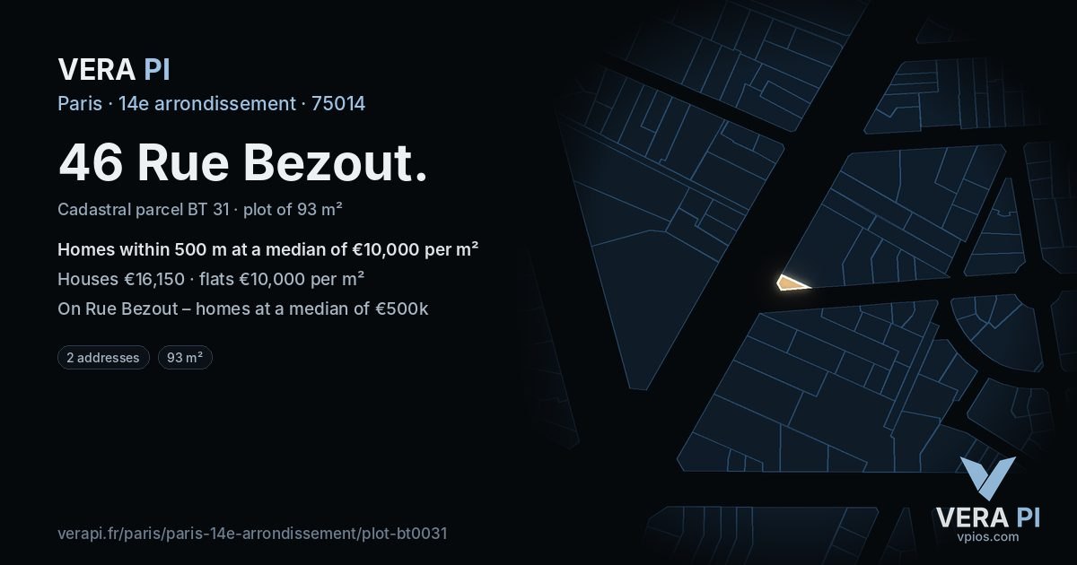 46 Rue Bezout, 14e arrondissement at night – the plot lit, the parcels around coloured by the prices near them