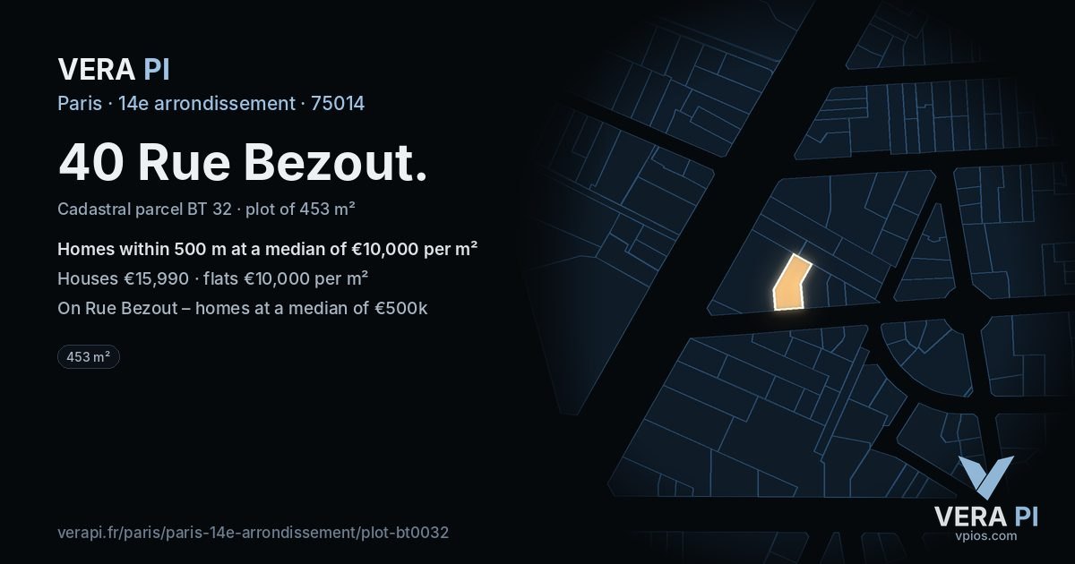 40 Rue Bezout, 14e arrondissement at night – the plot lit, the parcels around coloured by the prices near them
