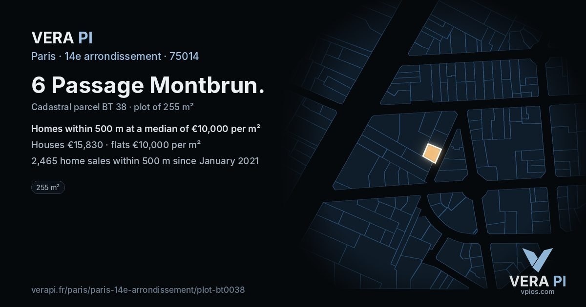 6 Passage Montbrun, 14e arrondissement at night – the plot lit, the parcels around coloured by the prices near them