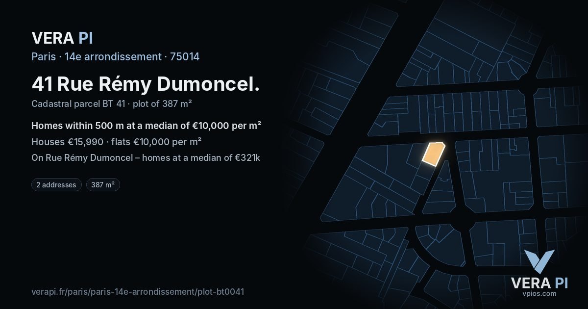 41 Rue Rémy Dumoncel, 14e arrondissement at night – the plot lit, the parcels around coloured by the prices near them