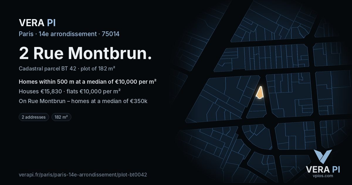 2 Rue Montbrun, 14e arrondissement at night – the plot lit, the parcels around coloured by the prices near them