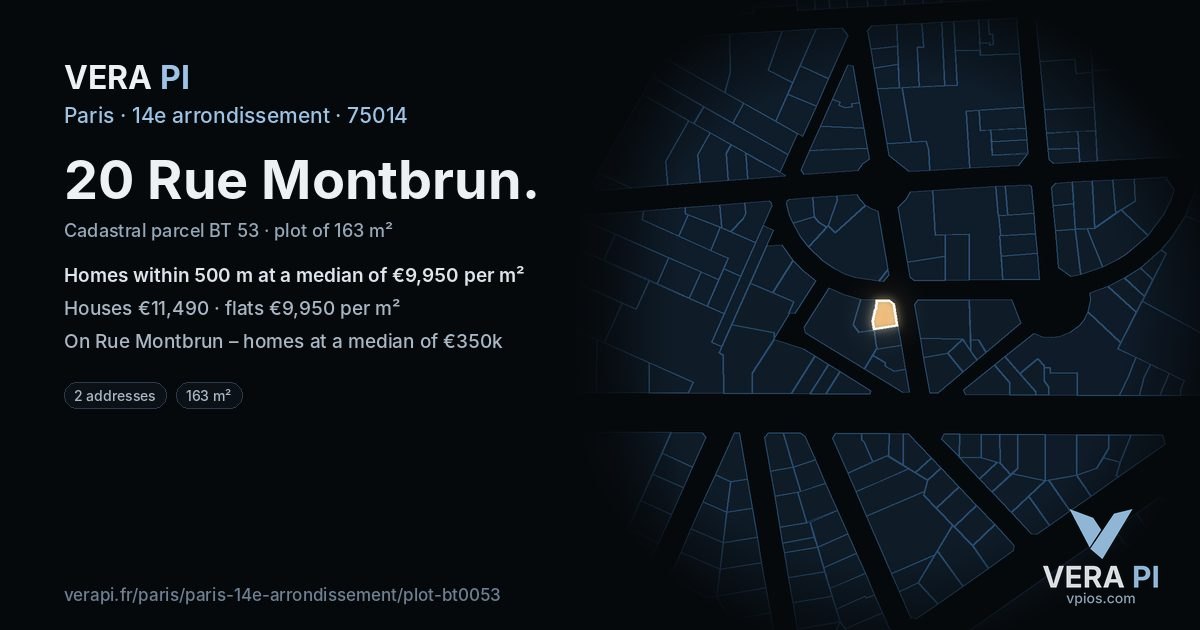 20 Rue Montbrun, 14e arrondissement at night – the plot lit, the parcels around coloured by the prices near them