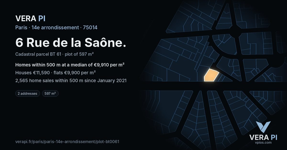 6 Rue de la Saône, 14e arrondissement at night – the plot lit, the parcels around coloured by the prices near them