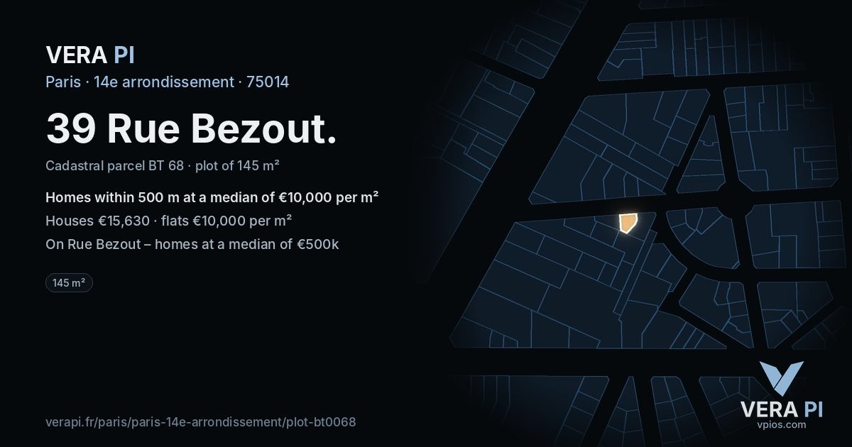 39 Rue Bezout, 14e arrondissement at night – the plot lit, the parcels around coloured by the prices near them
