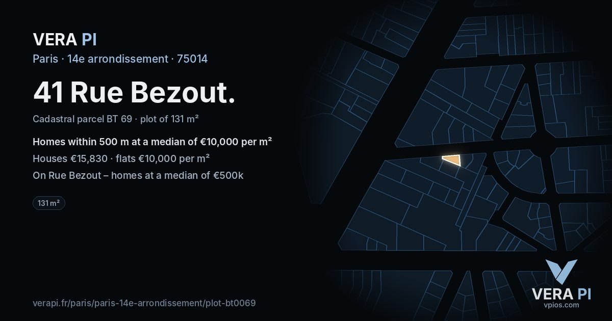 41 Rue Bezout, 14e arrondissement at night – the plot lit, the parcels around coloured by the prices near them