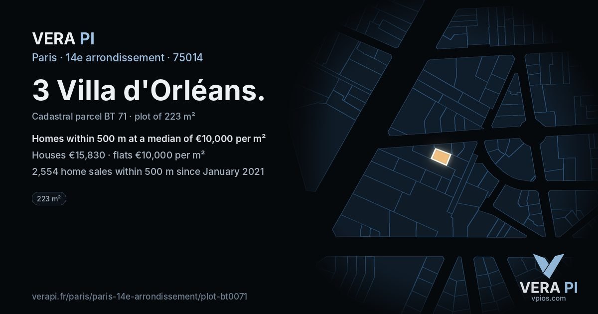 3 Villa d'Orléans, 14e arrondissement at night – the plot lit, the parcels around coloured by the prices near them