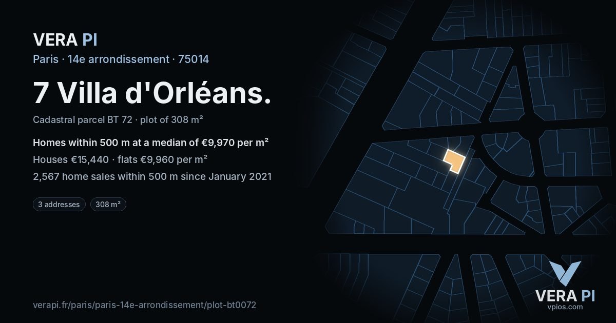 7 Villa d'Orléans, 14e arrondissement at night – the plot lit, the parcels around coloured by the prices near them