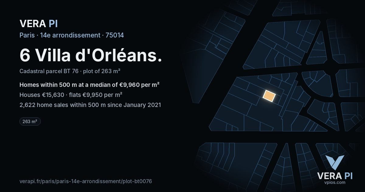 6 Villa d'Orléans, 14e arrondissement at night – the plot lit, the parcels around coloured by the prices near them