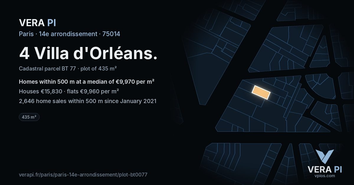 4 Villa d'Orléans, 14e arrondissement at night – the plot lit, the parcels around coloured by the prices near them