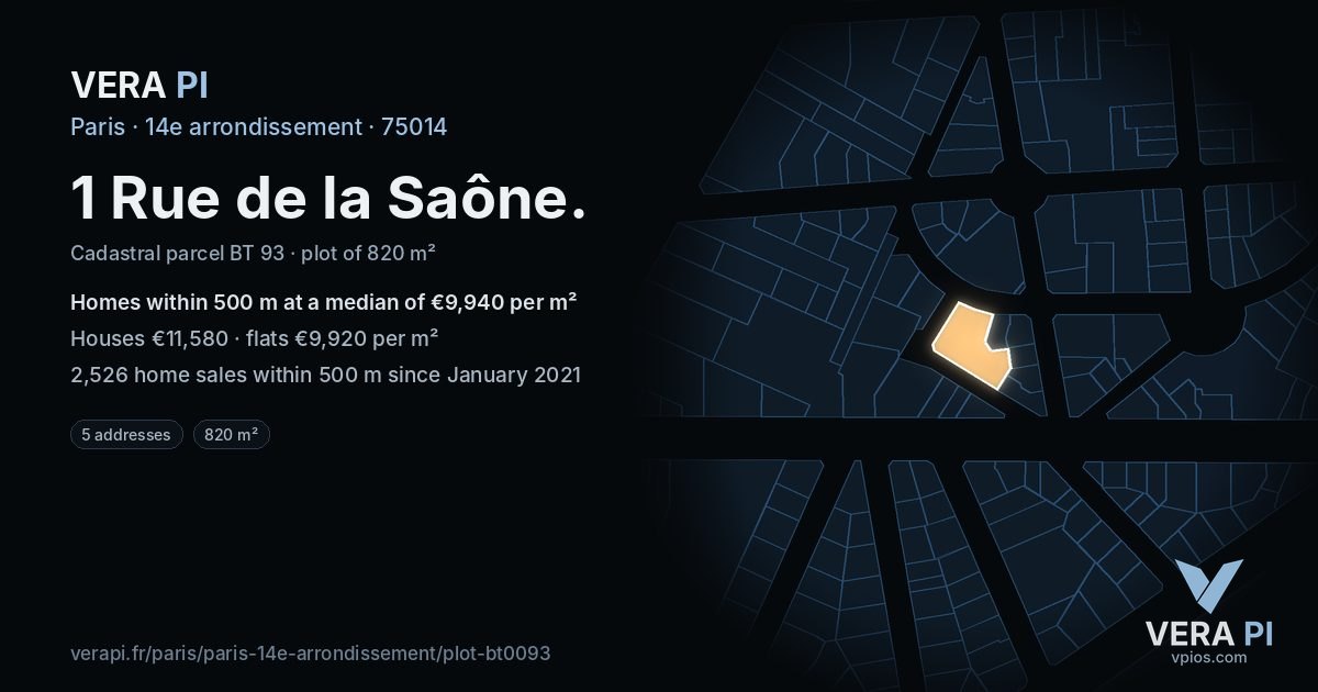 1 Rue de la Saône, 14e arrondissement at night – the plot lit, the parcels around coloured by the prices near them