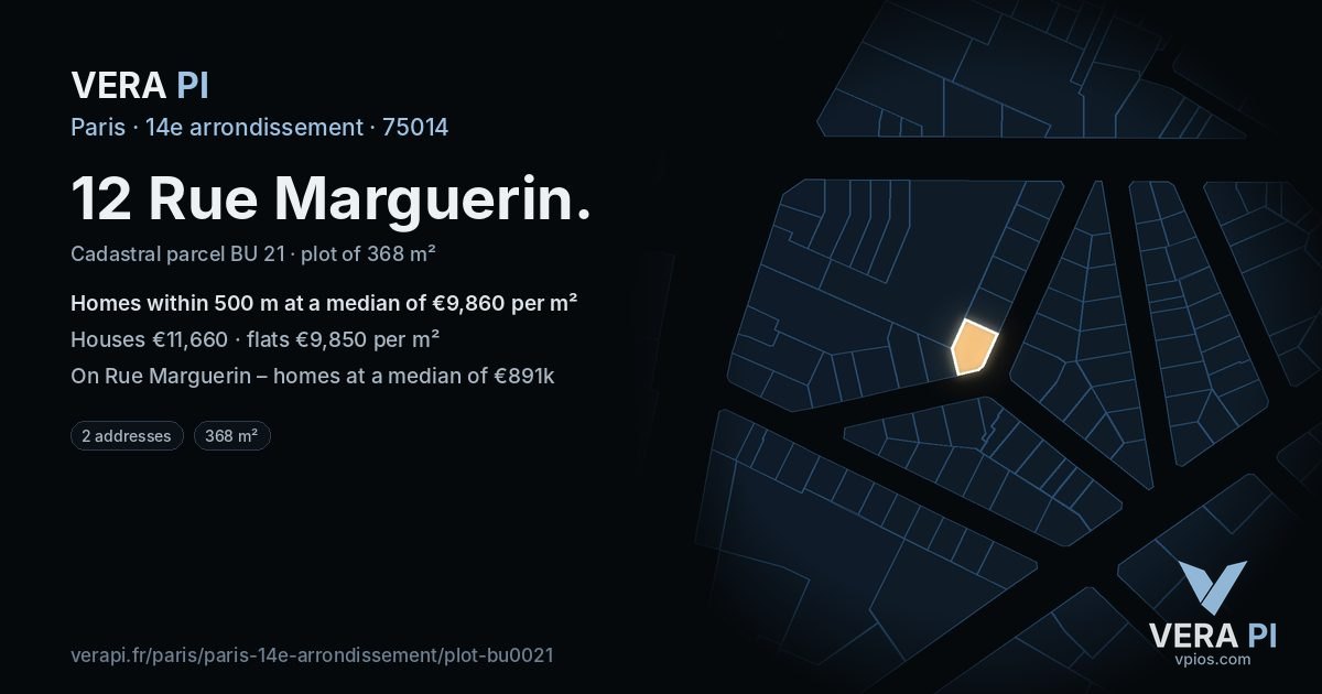 12 Rue Marguerin, 14e arrondissement at night – the plot lit, the parcels around coloured by the prices near them