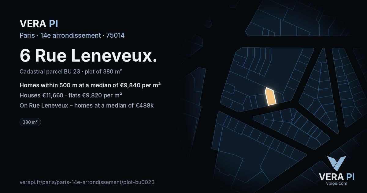 6 Rue Leneveux, 14e arrondissement at night – the plot lit, the parcels around coloured by the prices near them
