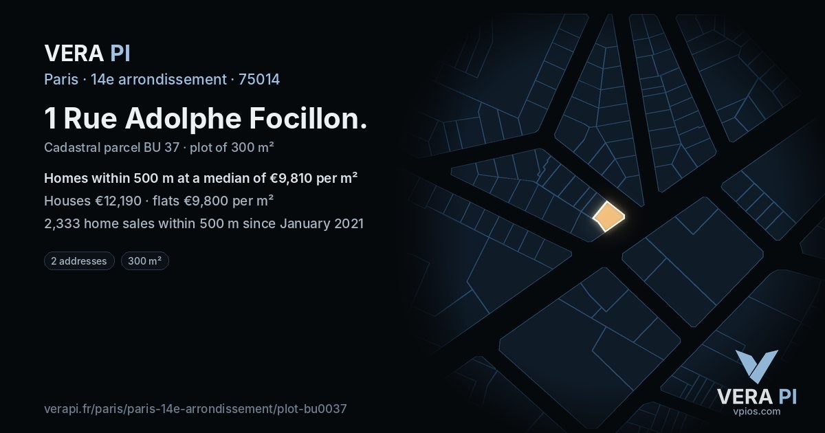 1 Rue Adolphe Focillon, 14e arrondissement at night – the plot lit, the parcels around coloured by the prices near them