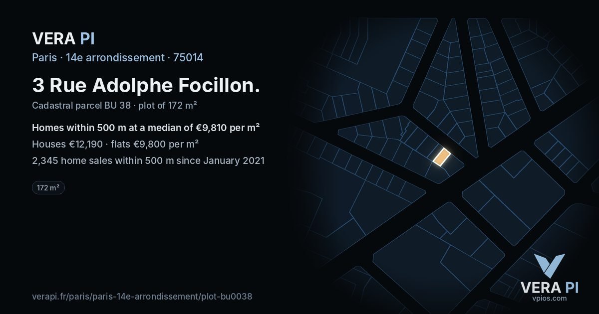3 Rue Adolphe Focillon, 14e arrondissement at night – the plot lit, the parcels around coloured by the prices near them